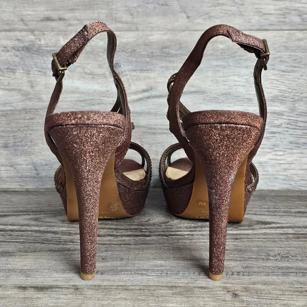 Gianni Bini Gliterati Sparkle Bronze Platform Open Toe Strappy Sandal Heel New